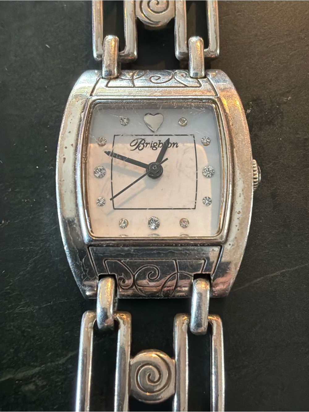Brighton Silver Link Bracelet Watch with Swirl Accents
